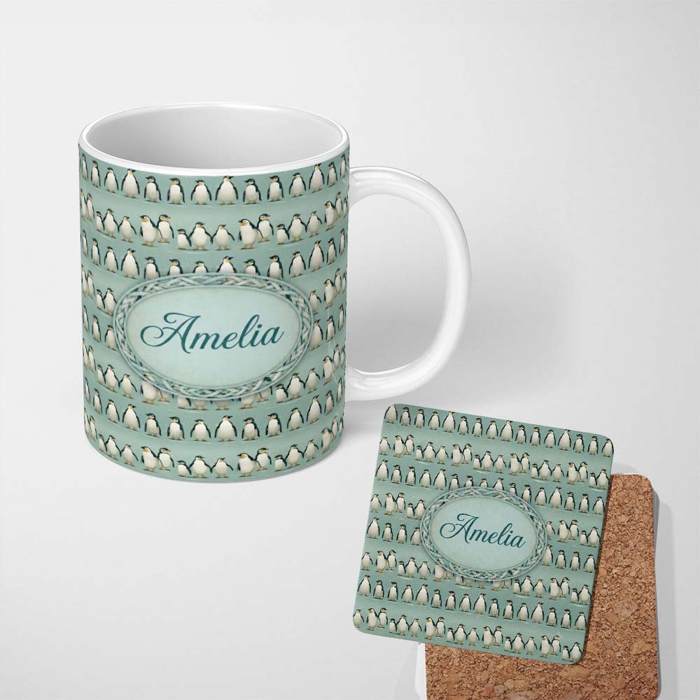 Personalized Custom Name Cute Penguin Family Rows Minimal Seamless Pattern Soft Blue 11oz Ceramic Coffee Tea Mug White Large Handle