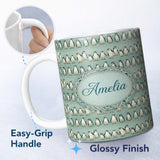 Personalized Custom Name Cute Penguin Family Rows Minimal Seamless Pattern Soft Blue 11oz Ceramic Coffee Tea Mug White Large Handle