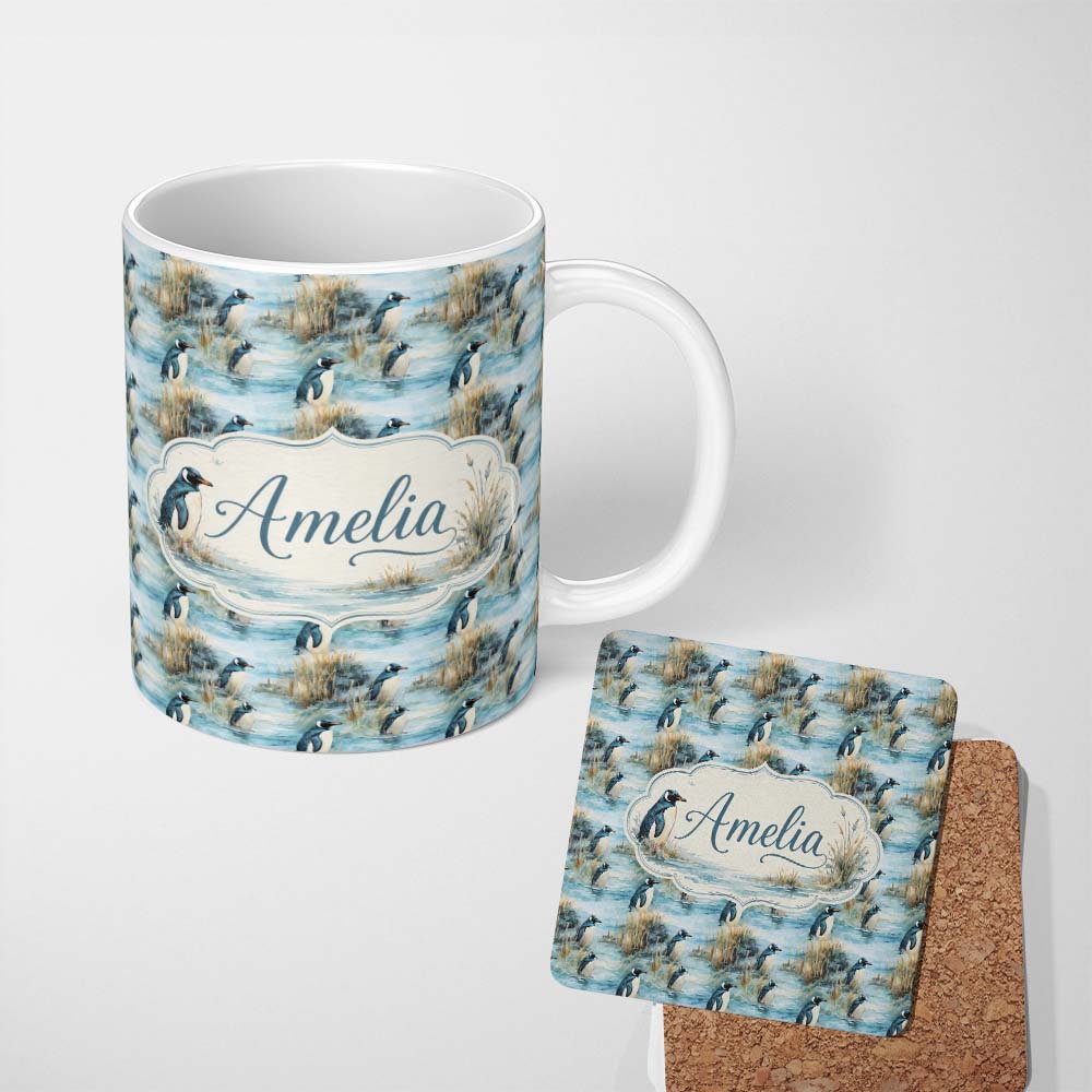 Personalized Custom Name Penguin Birds by Water Grassland Seamless Pattern Artistic Nature 11oz Ceramic Coffee Tea Mug White Large Handle
