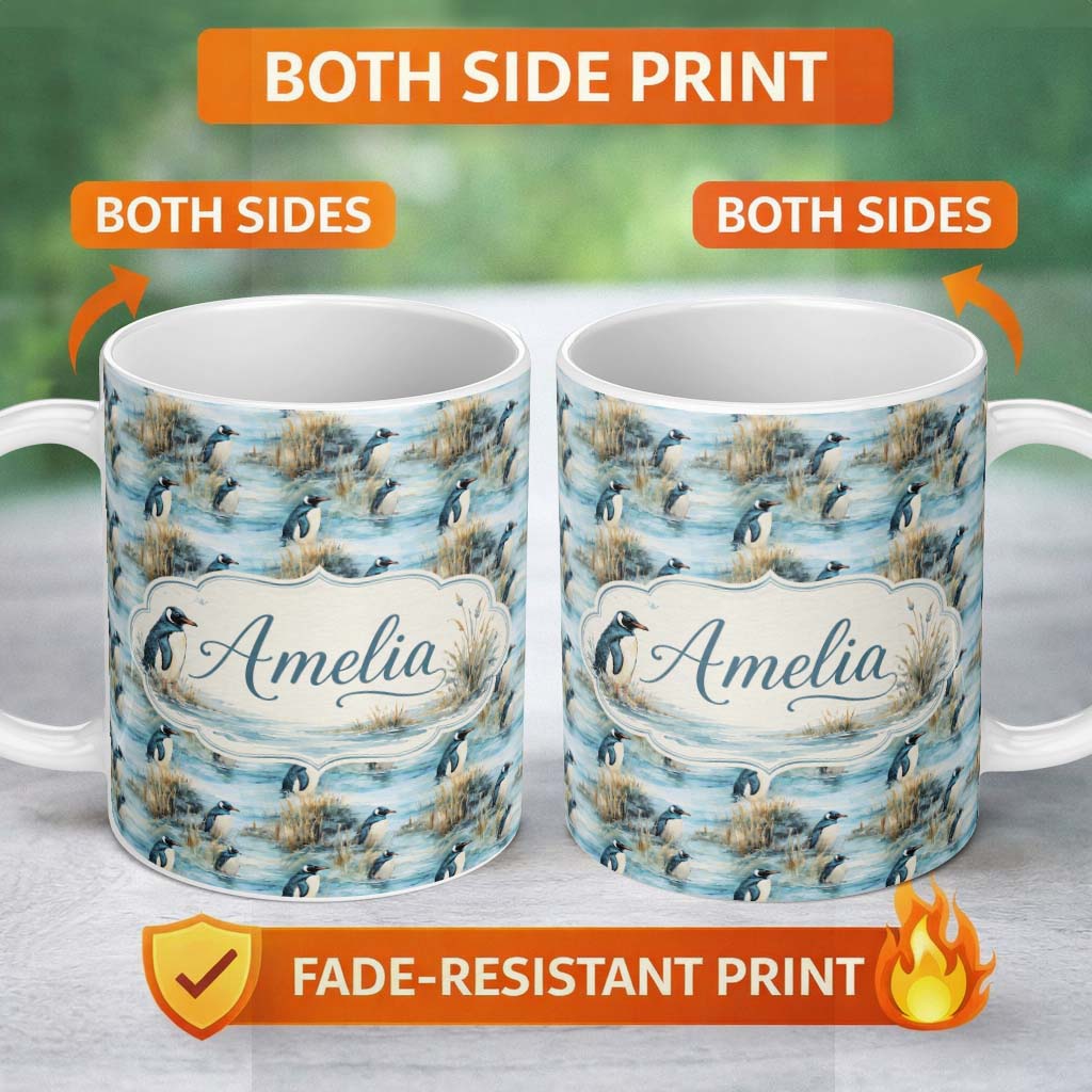 Personalized Custom Name Penguin Birds by Water Grassland Seamless Pattern Artistic Nature 11oz Ceramic Coffee Tea Mug White Large Handle