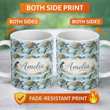 Personalized Custom Name Penguin Birds by Water Grassland Seamless Pattern Artistic Nature 11oz Ceramic Coffee Tea Mug White Large Handle
