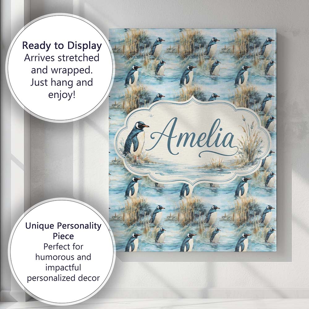 Personalised Name Penguin Birds by Water Custom  Unique Gift Idea Elegant Feature Canvas Wall Art Print Decor Picture Ready to Hang