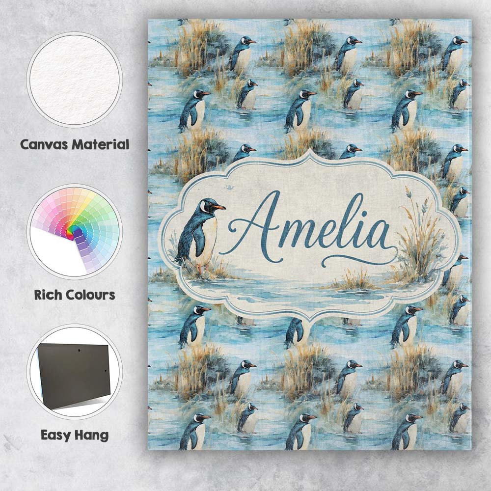 Personalised Name Penguin Birds by Water Custom  Unique Gift Idea Elegant Feature Canvas Wall Art Print Decor Picture Ready to Hang