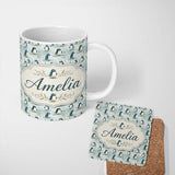 Personalized Custom Name Adorable Baby Penguin Scatter Seamless Pattern Soft Pastel Nature 11oz Ceramic Coffee Tea Mug White Large Handle