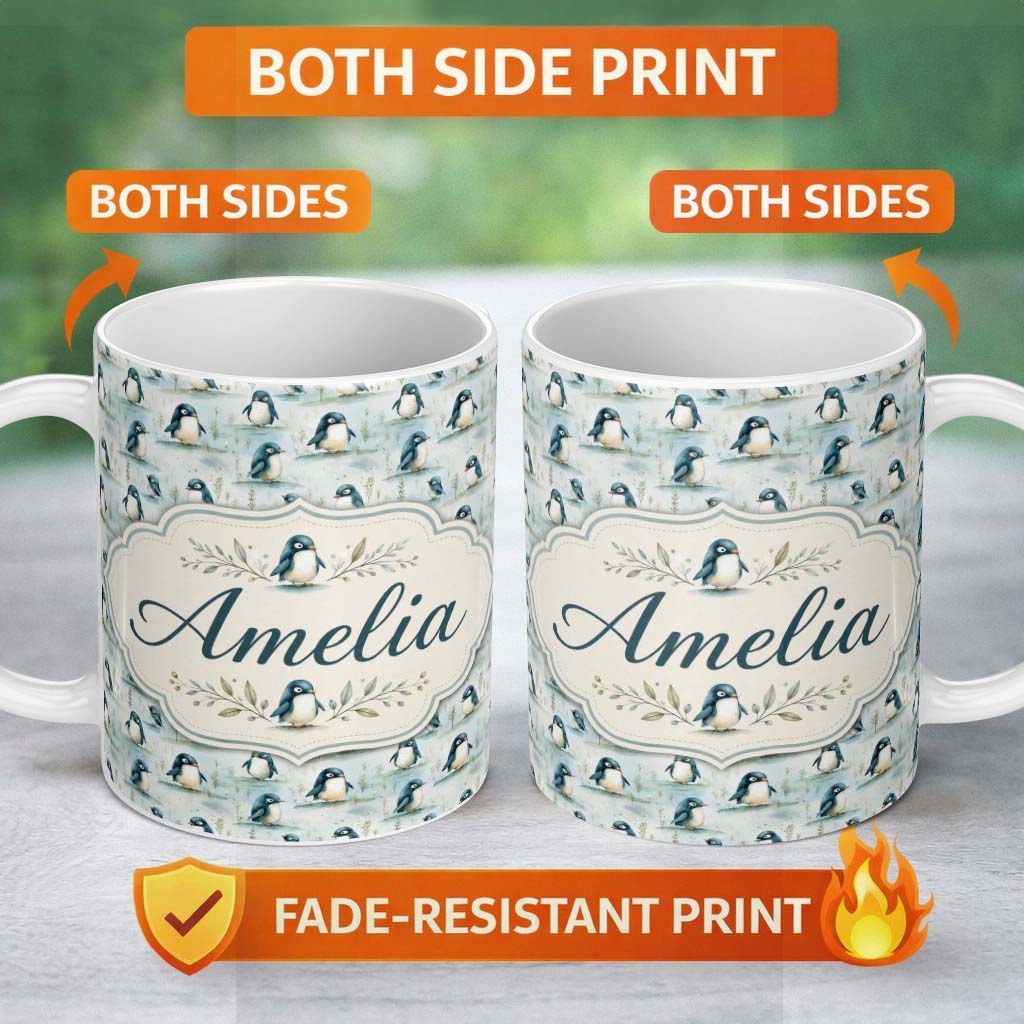 Personalized Custom Name Adorable Baby Penguin Scatter Seamless Pattern Soft Pastel Nature 11oz Ceramic Coffee Tea Mug White Large Handle