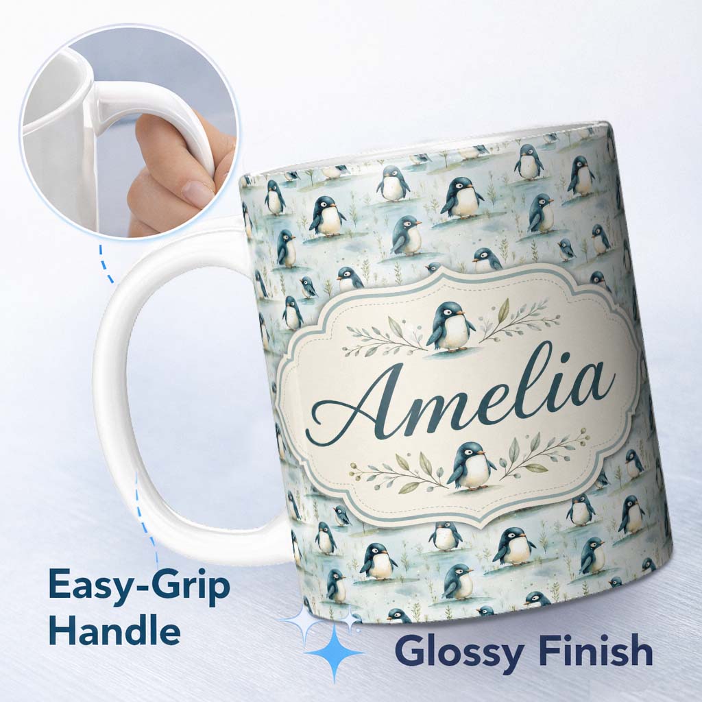 Personalized Custom Name Adorable Baby Penguin Scatter Seamless Pattern Soft Pastel Nature 11oz Ceramic Coffee Tea Mug White Large Handle