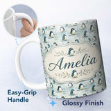 Personalized Custom Name Adorable Baby Penguin Scatter Seamless Pattern Soft Pastel Nature 11oz Ceramic Coffee Tea Mug White Large Handle
