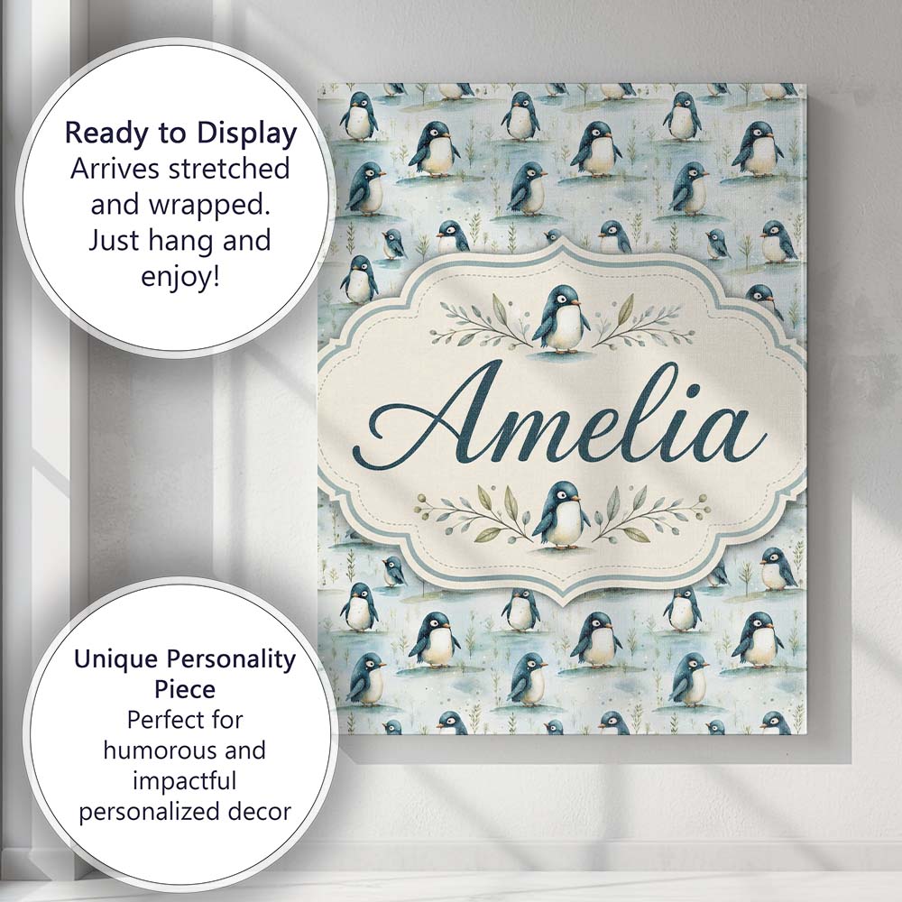 Personalised Name Adorable Baby Penguin Custom  Modern Room Accent Elegant Feature Canvas Wall Art Print Decor Picture Ready to Hang