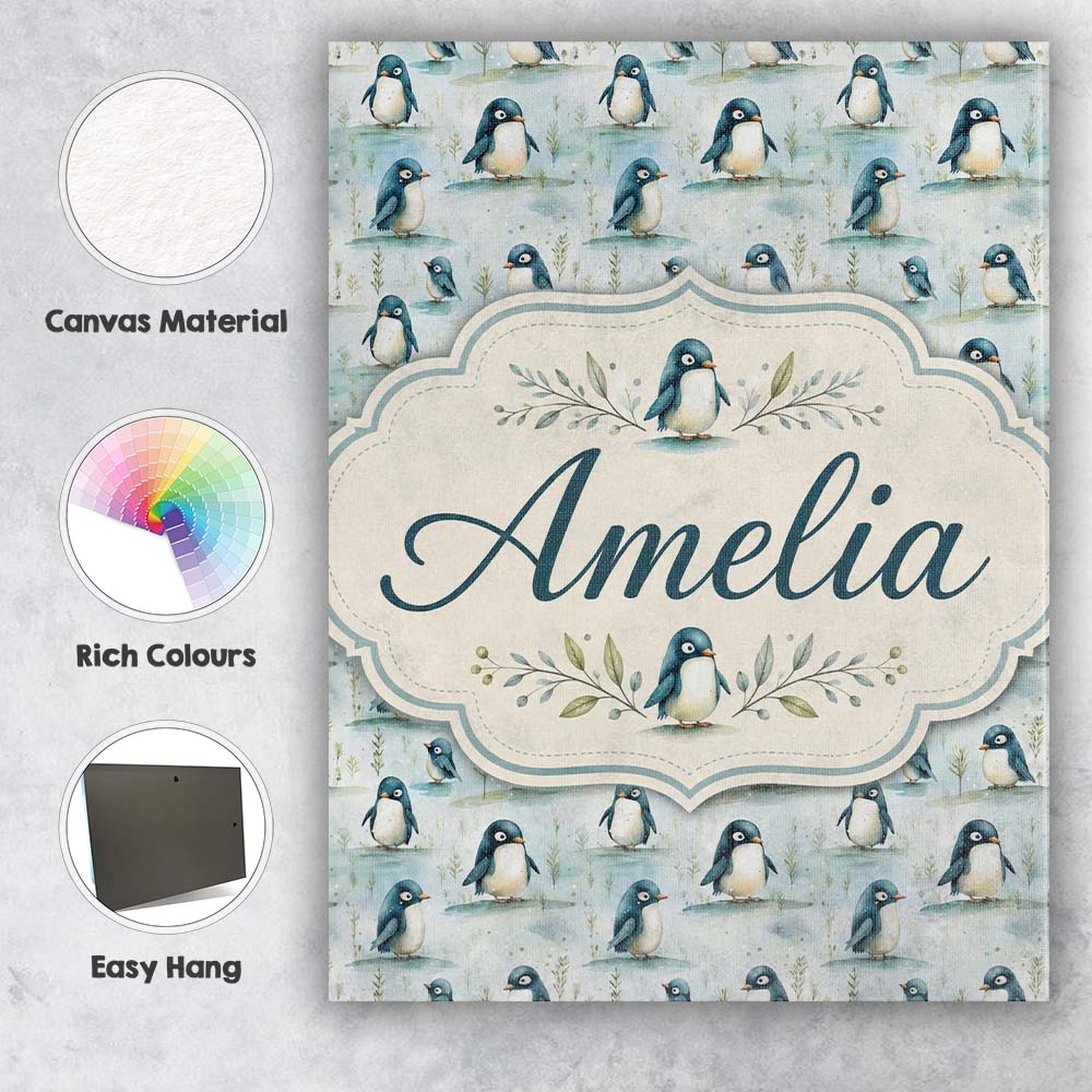 Personalised Name Adorable Baby Penguin Custom  Modern Room Accent Elegant Feature Canvas Wall Art Print Decor Picture Ready to Hang