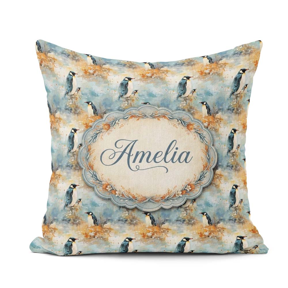 Custom Name Abstract Penguin Birds Artistic Brush Style Seamless Square Filled Cushion Throw Pillow Sofa Bed Home Decor Zip Washable UK Made
