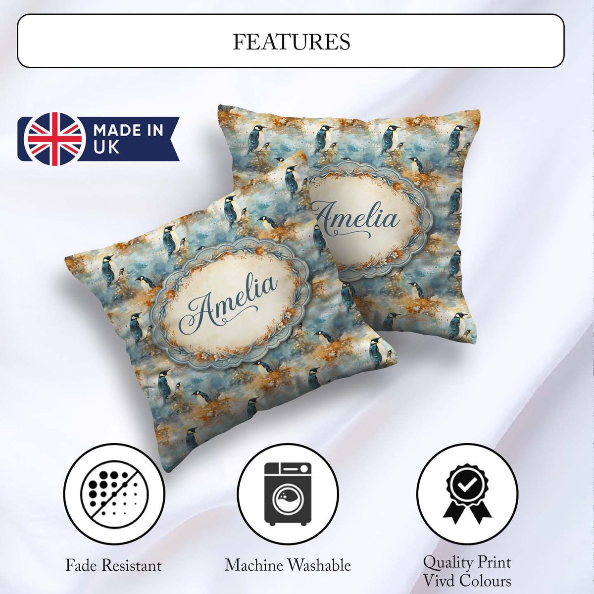 Custom Name Abstract Penguin Birds Artistic Brush Style Seamless Square Filled Cushion Throw Pillow Sofa Bed Home Decor Zip Washable UK Made