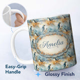 Personalized Custom Name Abstract Penguin Birds Artistic Brush Style Seamless Pattern Modern 11oz Ceramic Coffee Tea Mug White Large Handle