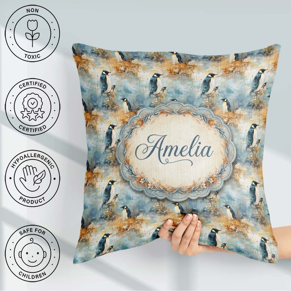 Custom Name Abstract Penguin Birds Artistic Brush Style Seamless Square Filled Cushion Throw Pillow Sofa Bed Home Decor Zip Washable UK Made