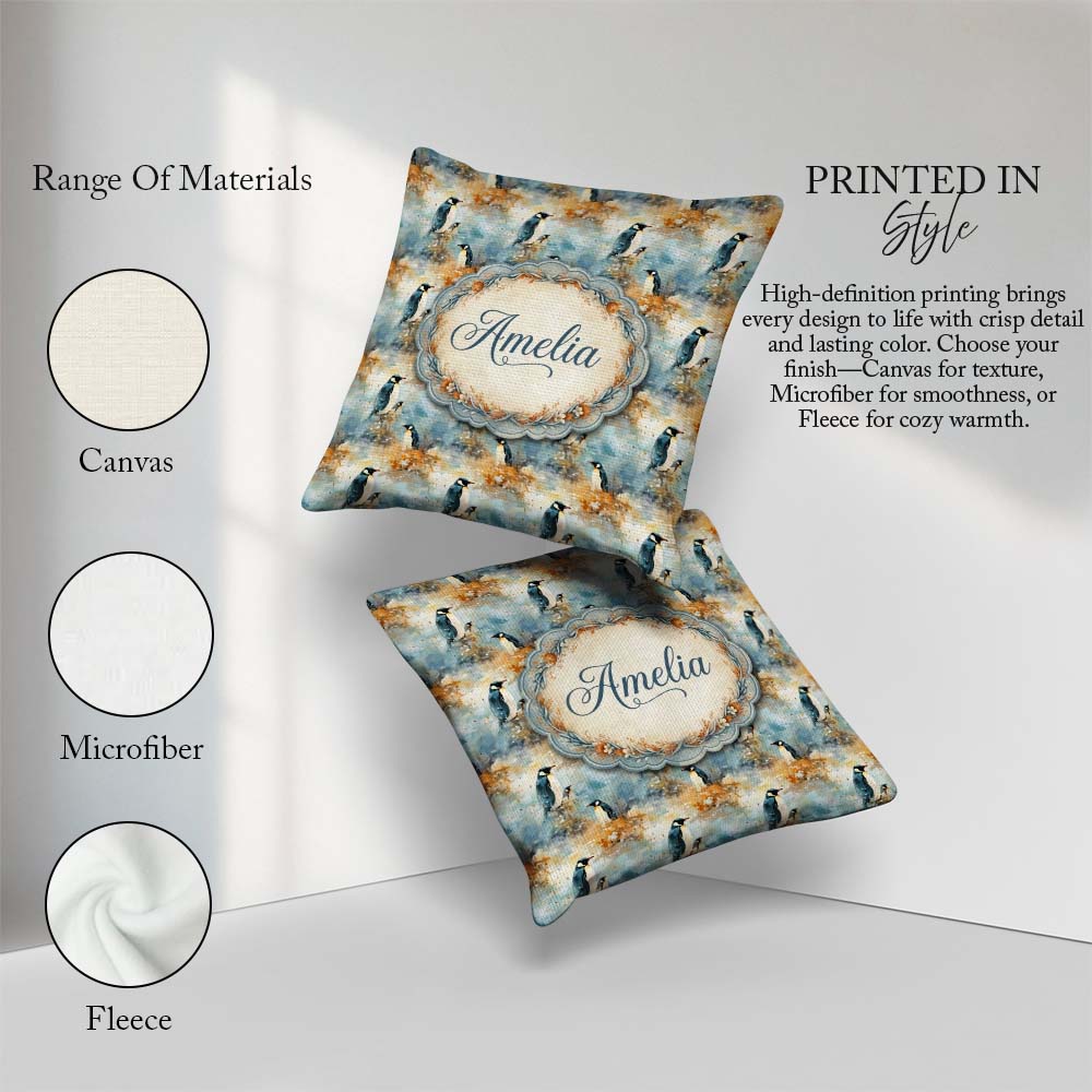 Custom Name Abstract Penguin Birds Artistic Brush Style Seamless Square Filled Cushion Throw Pillow Sofa Bed Home Decor Zip Washable UK Made