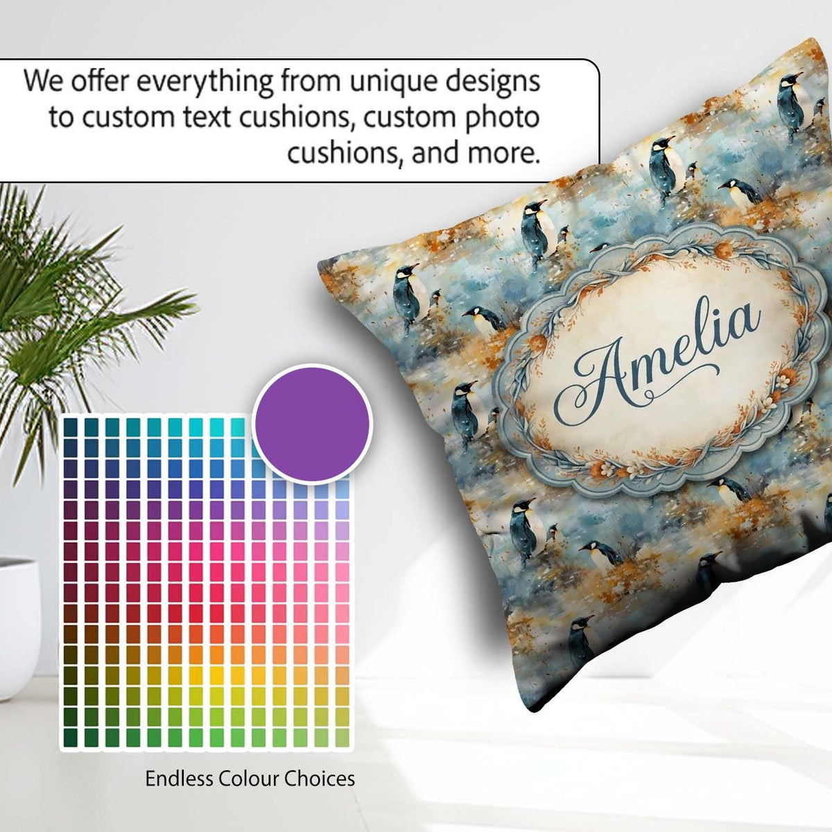 Custom Name Abstract Penguin Birds Artistic Brush Style Seamless Square Filled Cushion Throw Pillow Sofa Bed Home Decor Zip Washable UK Made