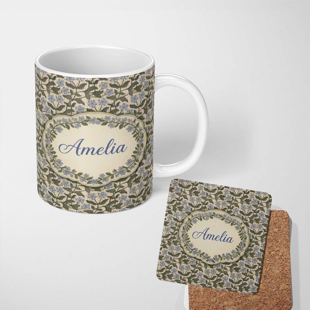 Personalized Custom Name Vintage Floral Vine Small Blue Flowers Seamless Pattern Classic 11oz Ceramic Coffee Tea Mug White Large Handle