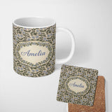 Personalized Custom Name Vintage Floral Vine Small Blue Flowers Seamless Pattern Classic 11oz Ceramic Coffee Tea Mug White Large Handle