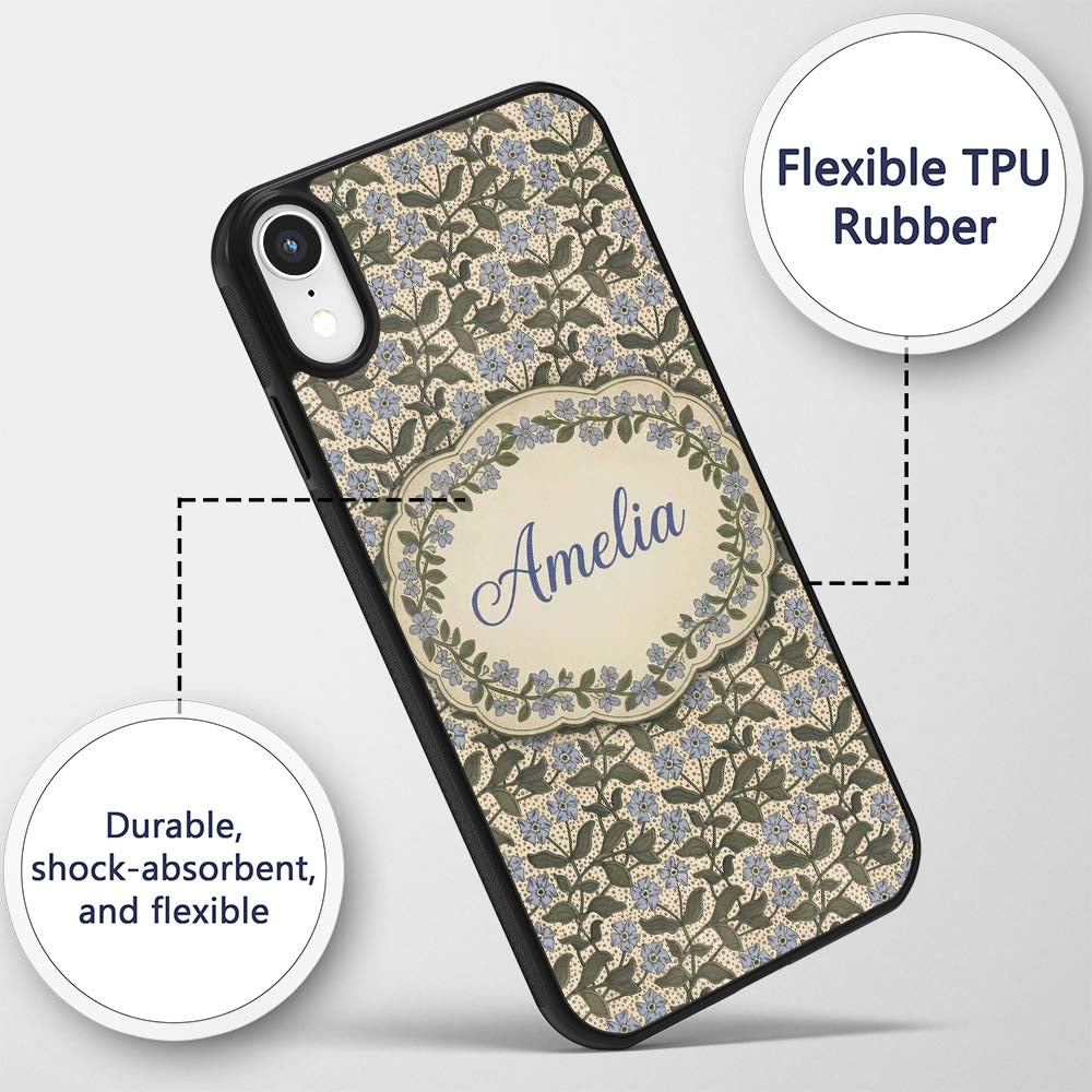 Vintage Floral Vine Small Blue Flowers Seamless Custom Name Protective Phone Case Mobile Cover Durable Everyday Smartphone Shock Resistant