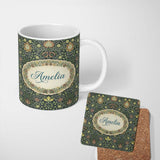 Personalized Custom Name Ornate William Morris Style Floral Pattern Green Botanical Name Cute 11oz Ceramic Coffee Tea Mug White Large Handle