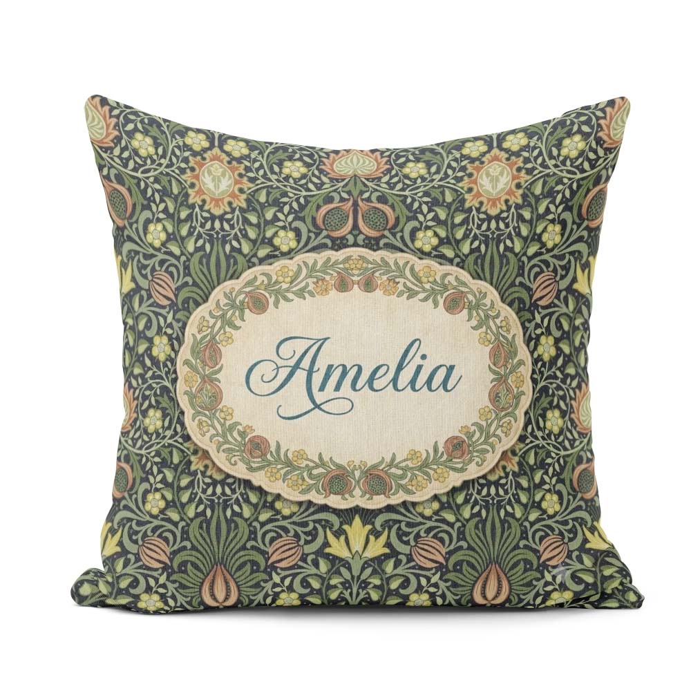 Custom Name Ornate William Morris Style Floral Pattern Name Cute Square Filled Cushion Throw Pillow Sofa Bed Home Decor Zip Washable UK Made