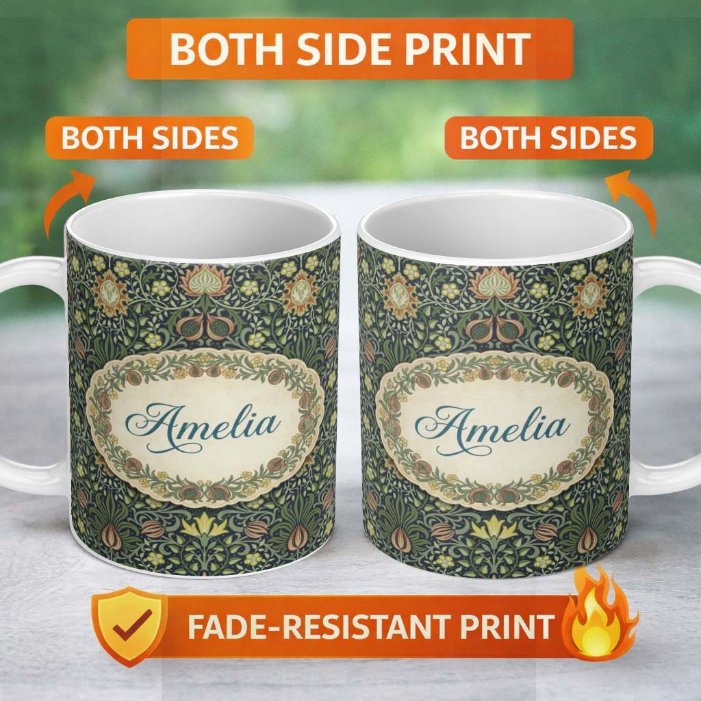 Personalized Custom Name Ornate William Morris Style Floral Pattern Green Botanical Name Cute 11oz Ceramic Coffee Tea Mug White Large Handle