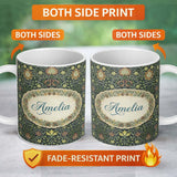 Personalized Custom Name Ornate William Morris Style Floral Pattern Green Botanical Name Cute 11oz Ceramic Coffee Tea Mug White Large Handle