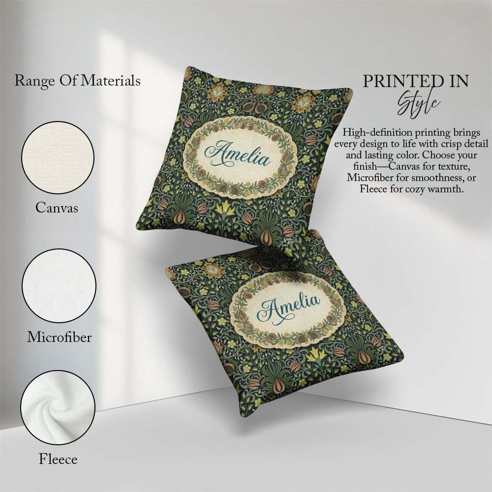Custom Name Ornate William Morris Style Floral Pattern Name Cute Square Filled Cushion Throw Pillow Sofa Bed Home Decor Zip Washable UK Made