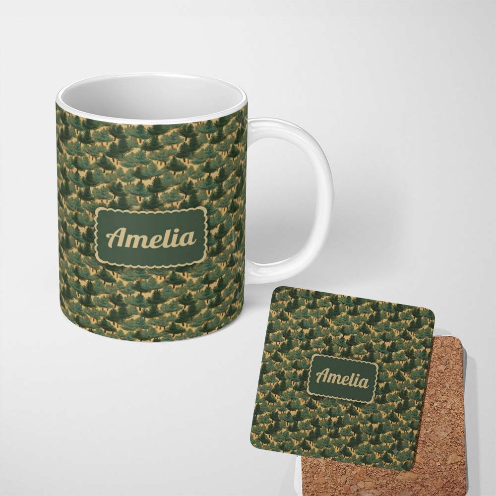 Personalized Custom Name Dense Pine Forest Trees Seamless Pattern Rustic Woodland Nature 11oz Ceramic Coffee Tea Mug White Large Handle