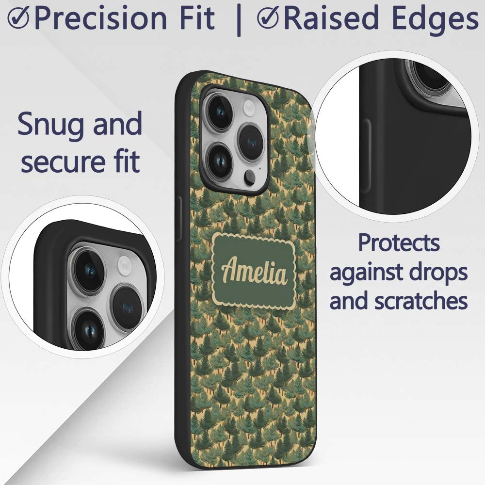 Dense Pine Forest Trees Seamless Pattern Rustic Custom Name Protective Phone Case Mobile Cover Durable Everyday Smartphone Shock Resistant