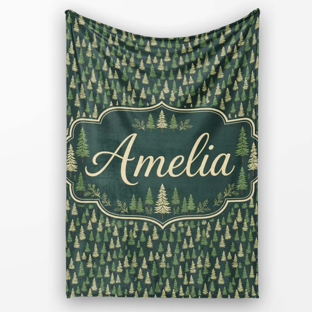 Small Pine Tree Forest Scatter Seamless Pattern Dark Green Woodland  Personalised Custom Name Super Soft Fleece Blanket Bed Sofa Throw