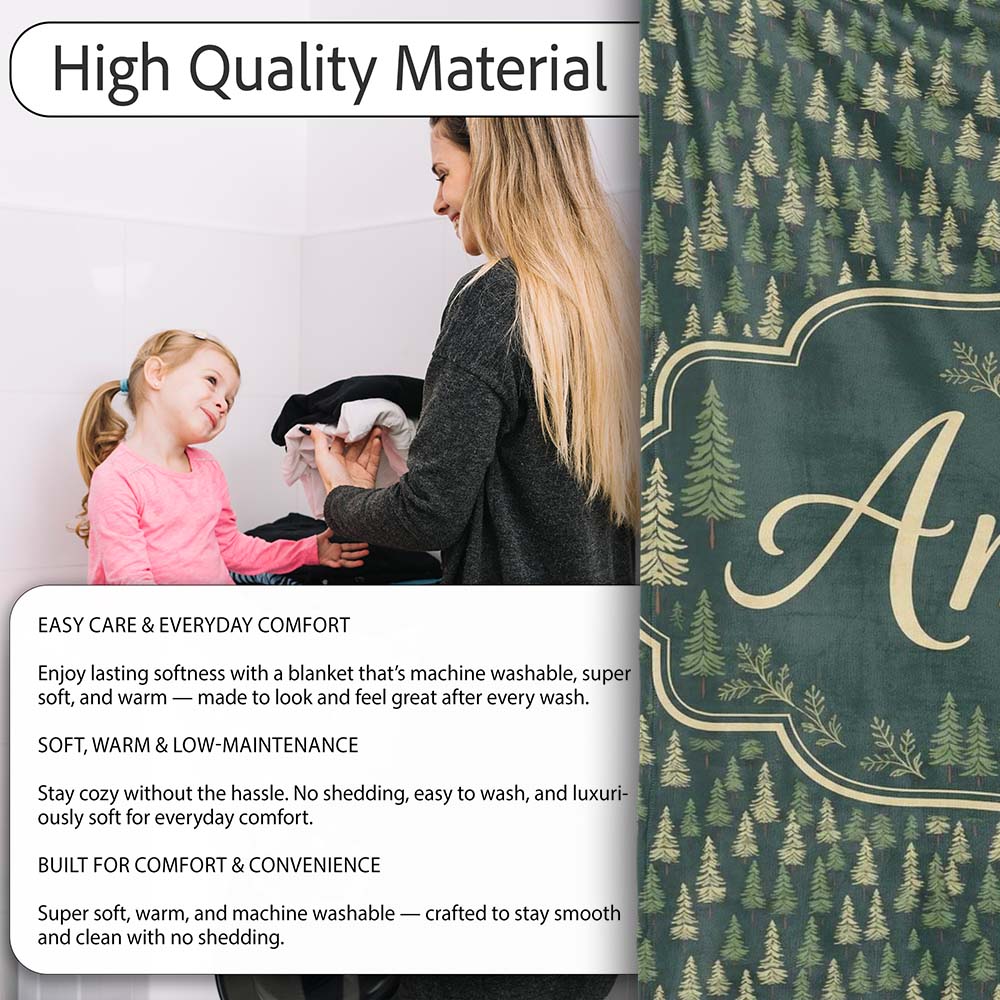 Small Pine Tree Forest Scatter Seamless Pattern Dark Green Woodland  Personalised Custom Name Super Soft Fleece Blanket Bed Sofa Throw