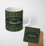 Personalized Custom Name Realistic Evergreen Forest Trees Seamless Pattern Deep Nature 11oz Ceramic Coffee Tea Mug White Large Handle
