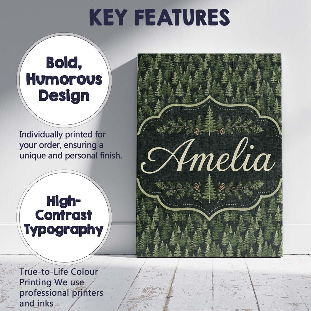 Personalised Name Realistic Evergreen Custom Modern Room Accent Creative Decorator Style Canvas Wall Art Print Decor Picture Ready to Hang