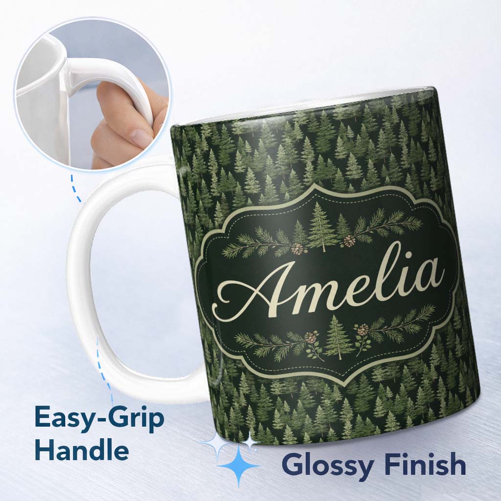 Personalized Custom Name Realistic Evergreen Forest Trees Seamless Pattern Deep Nature 11oz Ceramic Coffee Tea Mug White Large Handle