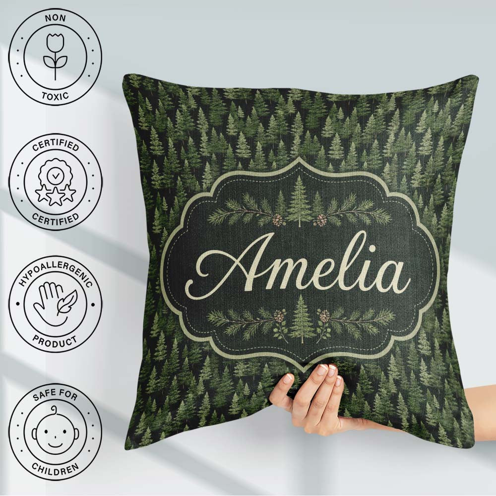 Custom Name Realistic Evergreen Forest Trees Pattern Deep Nature Square Filled Cushion Throw Pillow Sofa Bed Home Decor Zip Washable UK Made