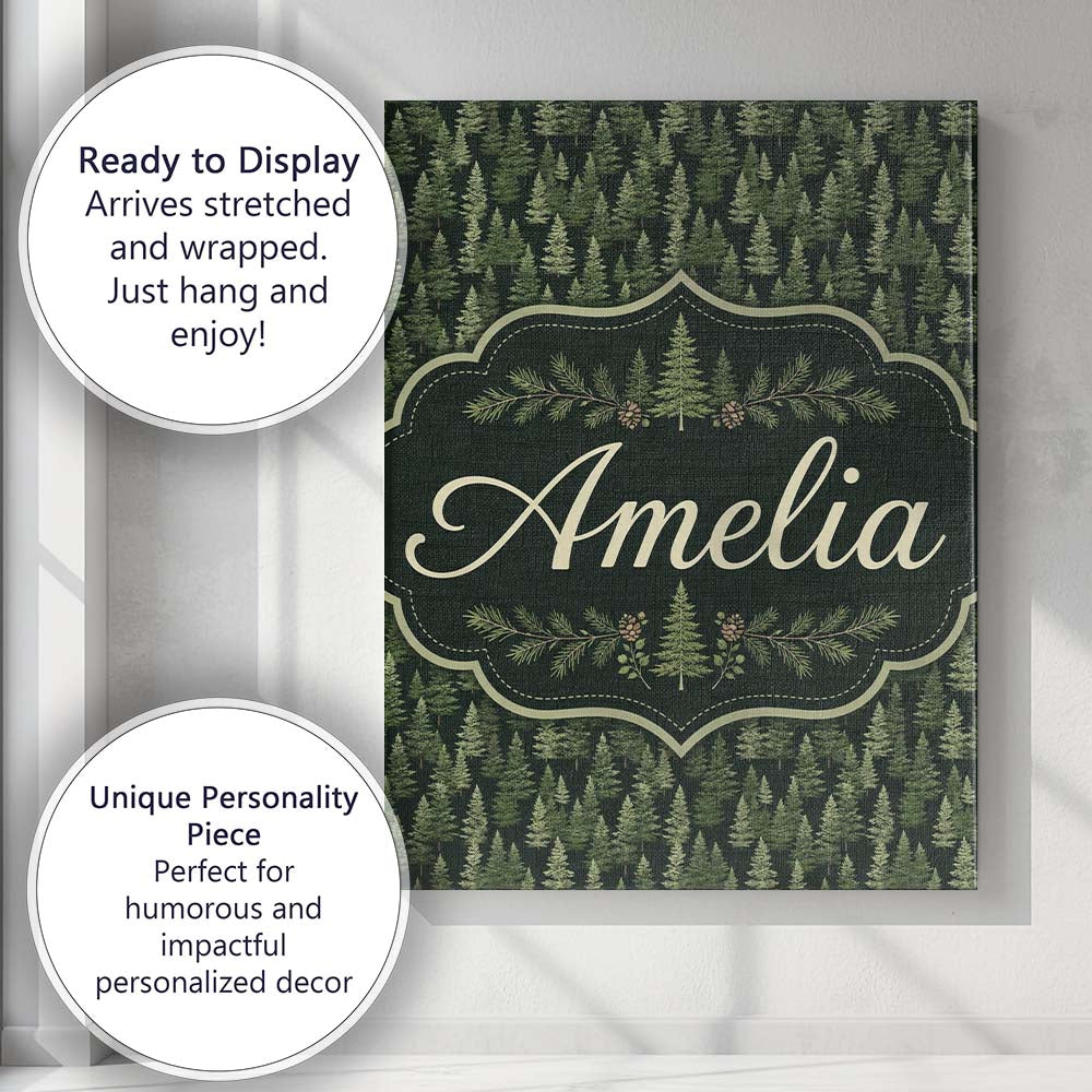 Personalised Name Realistic Evergreen Custom Modern Room Accent Creative Decorator Style Canvas Wall Art Print Decor Picture Ready to Hang