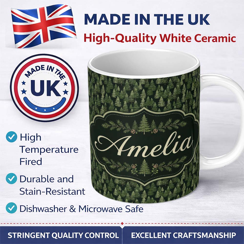 Personalized Custom Name Realistic Evergreen Forest Trees Seamless Pattern Deep Nature 11oz Ceramic Coffee Tea Mug White Large Handle