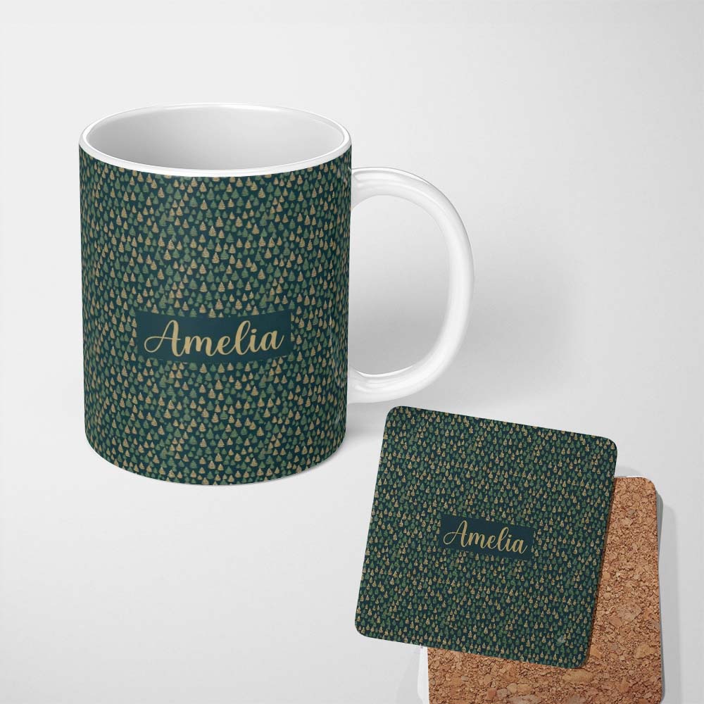 Personalized Custom Name Mini Pine Trees Dense Scatter Seamless Pattern Dark Forest Texture 11oz Ceramic Coffee Tea Mug White Large Handle