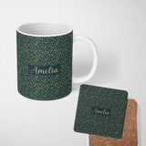 Personalized Custom Name Mini Pine Trees Dense Scatter Seamless Pattern Dark Forest Texture 11oz Ceramic Coffee Tea Mug White Large Handle
