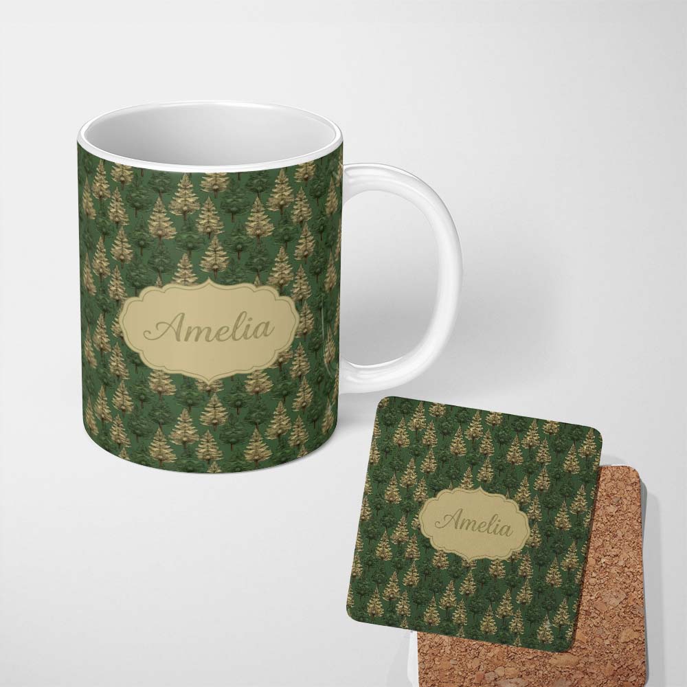 Personalized Custom Name Vintage Pine Tree Forest Repeat Seamless Pattern Classic Woodland 11oz Ceramic Coffee Tea Mug White Large Handle