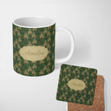 Personalized Custom Name Vintage Pine Tree Forest Repeat Seamless Pattern Classic Woodland 11oz Ceramic Coffee Tea Mug White Large Handle