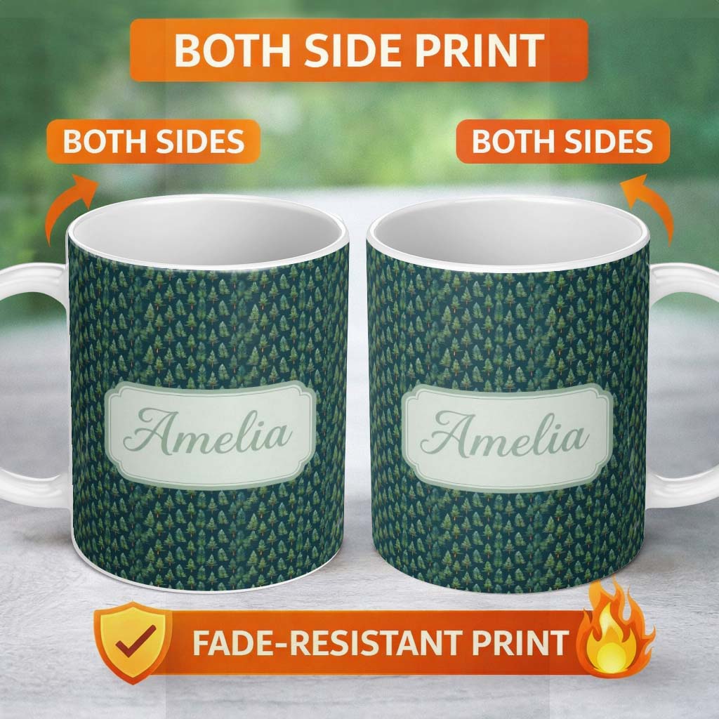Personalized Custom Name Hand Drawn Pine Trees Seamless Pattern Green Woodland Repeat Name 11oz Ceramic Coffee Tea Mug White Large Handle