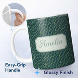 Personalized Custom Name Hand Drawn Pine Trees Seamless Pattern Green Woodland Repeat Name 11oz Ceramic Coffee Tea Mug White Large Handle
