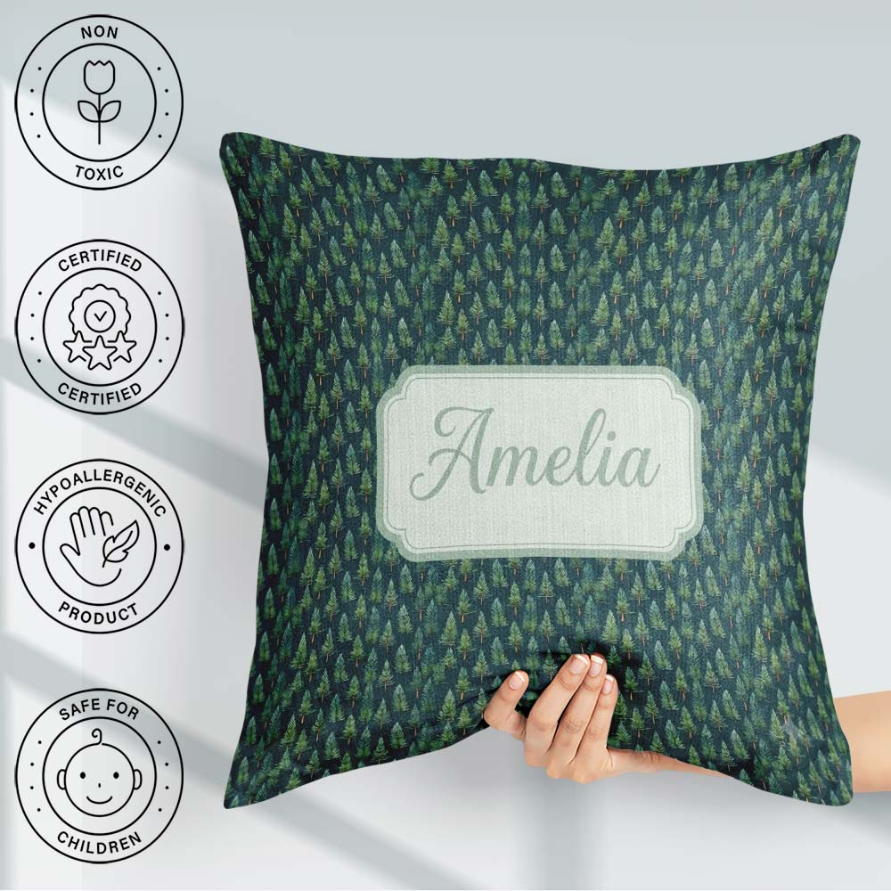 Custom Name Hand Drawn Pine Trees Seamless Green Woodland Repeat Square Filled Cushion Throw Pillow Sofa Bed Home Decor Zip Washable UK Made