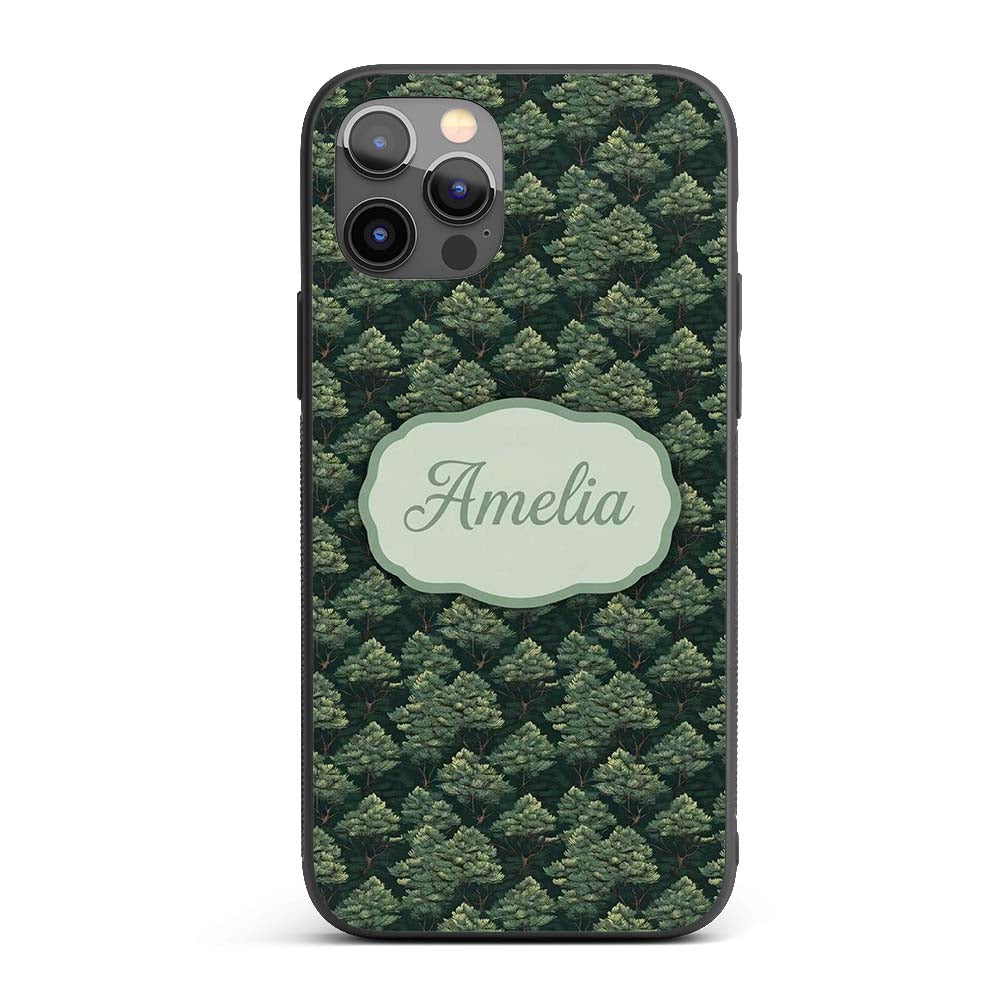 Stylized Pine Tree Forest Seamless Printed Design Custom Name Protective Phone Case Mobile Cover Durable Everyday Smartphone Shock Resistant