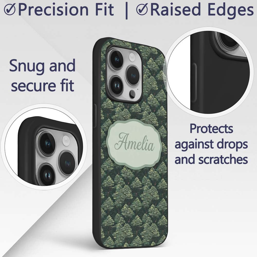 Stylized Pine Tree Forest Seamless Printed Design Custom Name Protective Phone Case Mobile Cover Durable Everyday Smartphone Shock Resistant