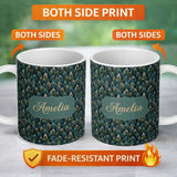 Personalized Custom Name Decorative Pine Leaf Pattern Seamless Botanical Woodland Name Cute 11oz Ceramic Coffee Tea Mug White Large Handle