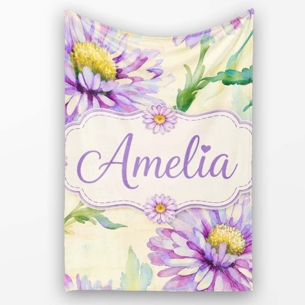 Watercolor Purple Daisy Floral Seamless Pattern on Soft Cream Lovely  Personalised Custom Name Super Soft Fleece Blanket Bed Sofa Throw