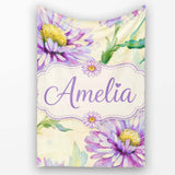 Watercolor Purple Daisy Floral Seamless Pattern on Soft Cream Lovely  Personalised Custom Name Super Soft Fleece Blanket Bed Sofa Throw