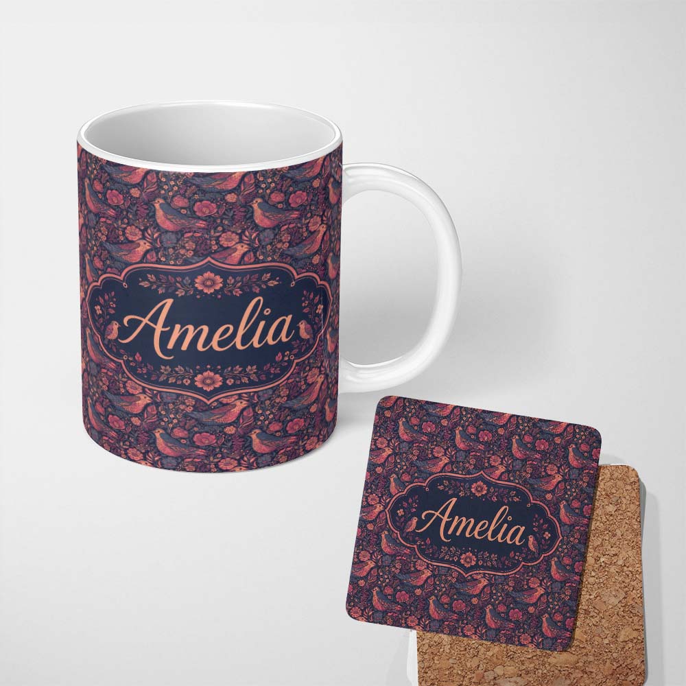 Personalized Custom Name Vintage Floral Birds Seamless Pattern Dark Botanical Garden Name 11oz Ceramic Coffee Tea Mug White Large Handle